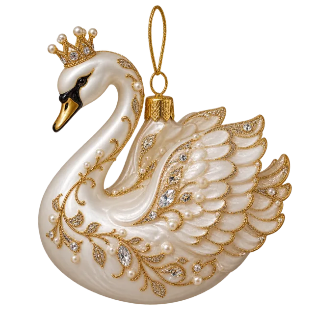 White crowned swan ornament with gold-colored feather details
