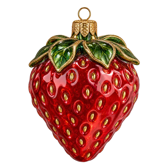 Glossy red strawberry ornament with green leaves and golden seeds