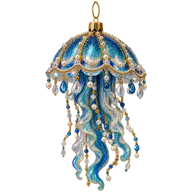 Blue jellyfish ornament with long dangling beaded tentacles
