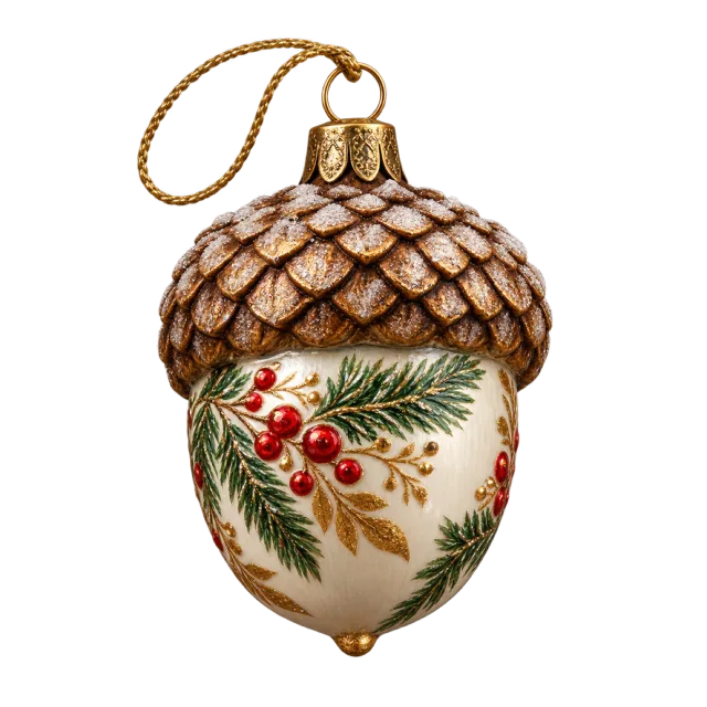Cream acorn ornament with a brown cap and painted greenery