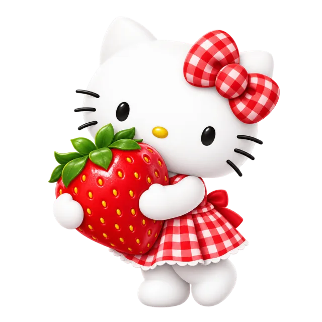 Hello Kitty in a red gingham dress and bow holding a large strawberry