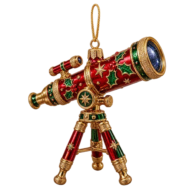 Red and green miniature telescope ornament on a tripod