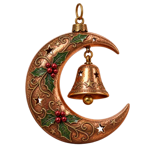 Copper-colored crescent ornament with a small hanging bell