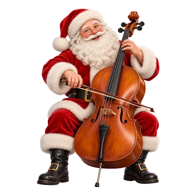 Santa seated with a cello and bow