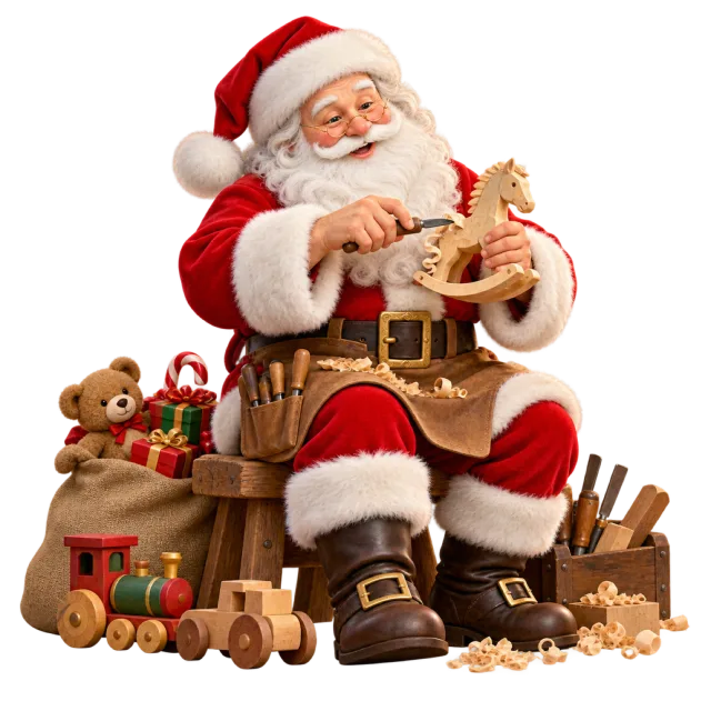 Santa carving a wooden toy beside miniature gifts and tools