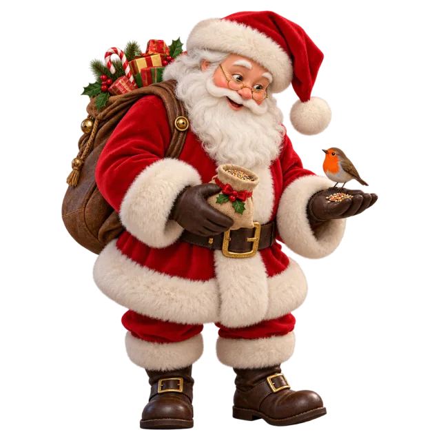 Santa holding a small robin while carrying a sack of gifts