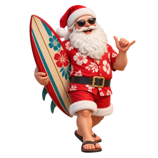 Santa in a floral shirt and shorts carrying a colorful surfboard