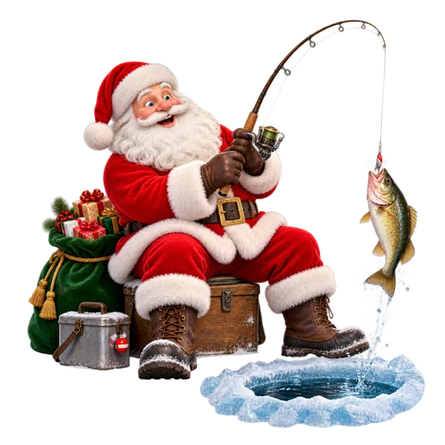 Santa seated beside an ice hole with a fishing rod and fish