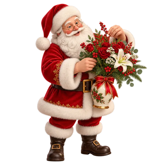 Santa arranging red and white flowers in a cream vase
