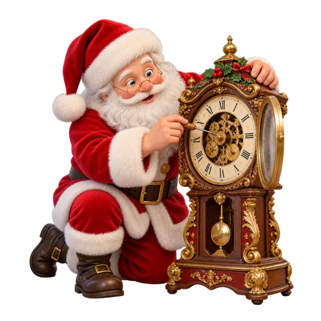 Santa working on an ornate wooden clock