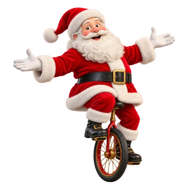 Santa balancing on a red unicycle with outstretched arms