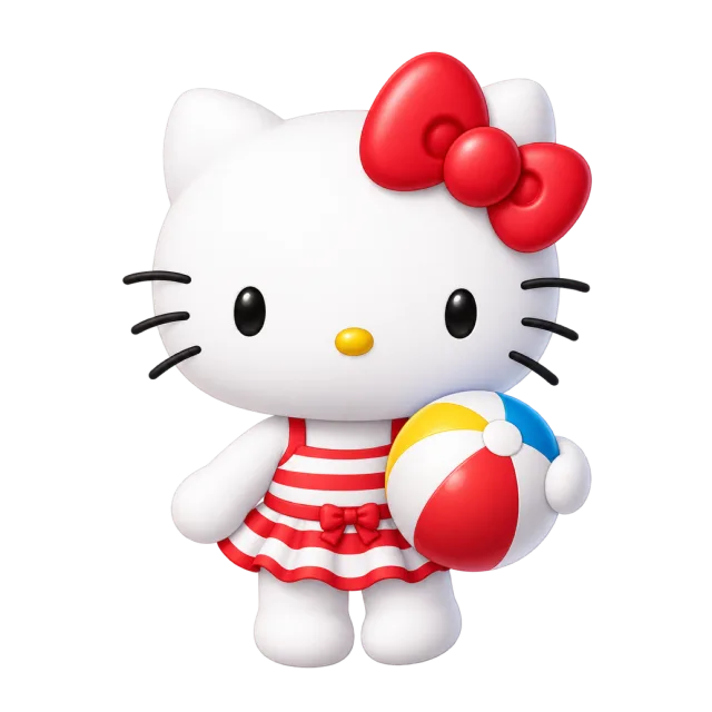Hello Kitty in a red and white striped outfit holding a multicolored beach ball