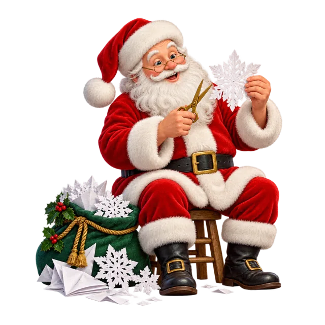 Santa seated with scissors and cut-paper snowflakes