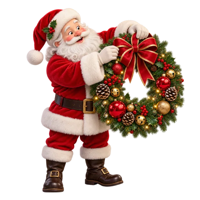 Santa holding a green wreath decorated with baubles and a red bow