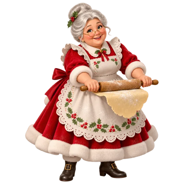 Mrs Claus holding a rolling pin over pastry in a floral apron