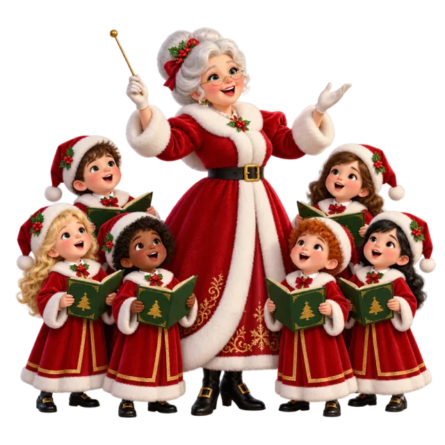 Mrs Claus conducting a small group of child carol singers