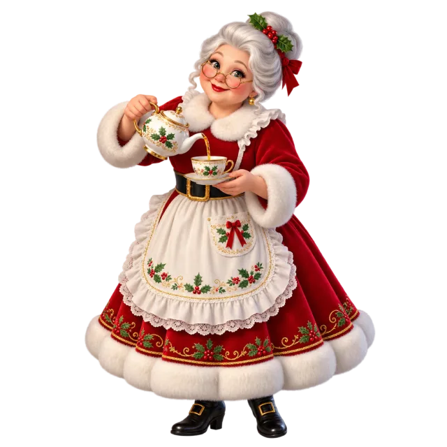 Mrs Claus holding a decorated teapot and teacup