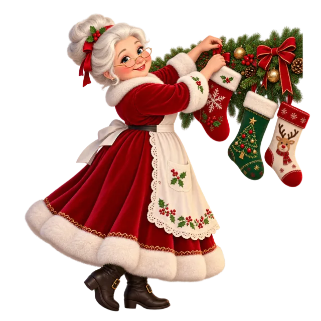 Mrs Claus hanging patterned stockings on a garland