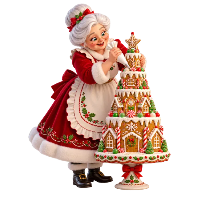 Mrs Claus decorating a tall tiered gingerbread centerpiece