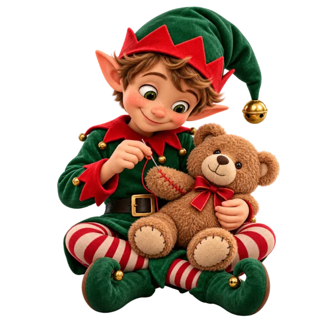 Elf stitching a brown teddy bear while seated