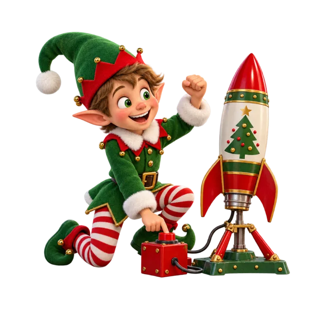 Elf kneeling beside a red and green toy rocket