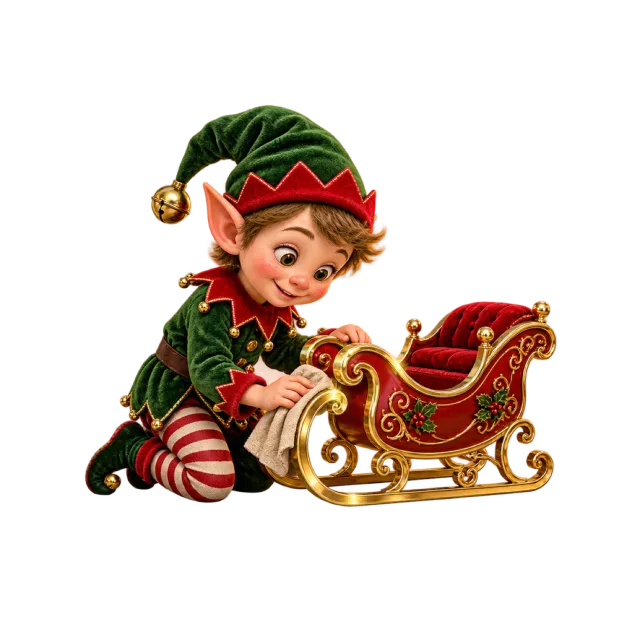 Elf polishing a miniature red and gold-colored sleigh