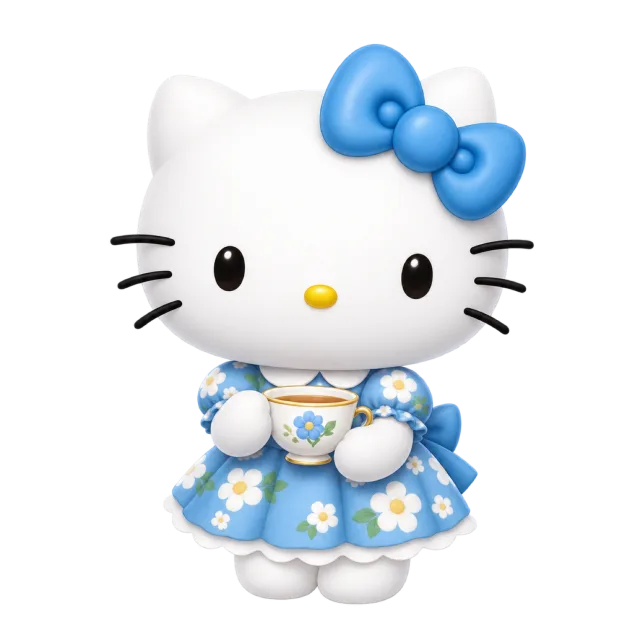 Hello Kitty in a blue floral dress and bow holding a small decorated teacup