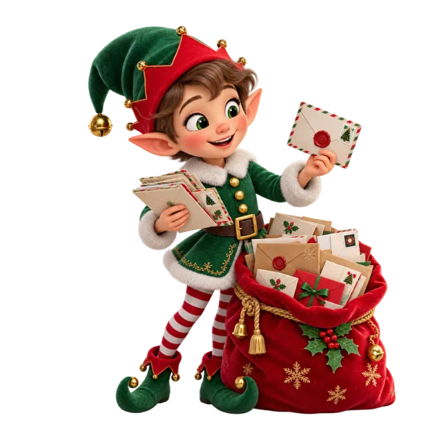 Elf sorting envelopes beside a red sack of letters