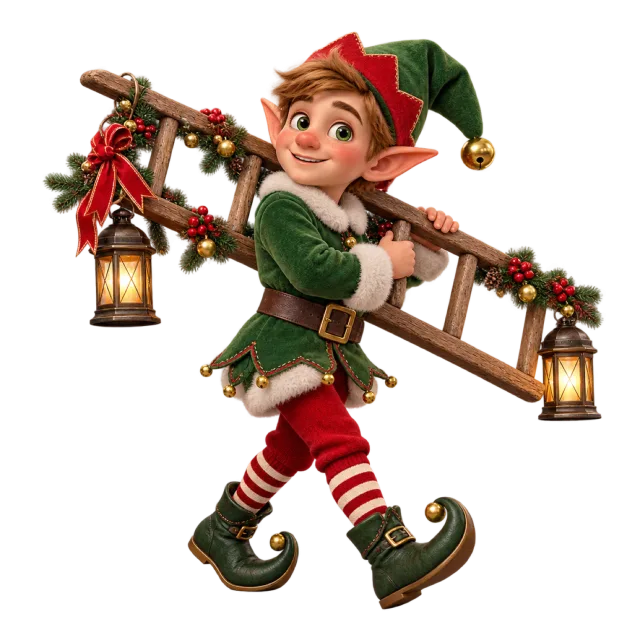 Elf carrying a wooden ladder with hanging lanterns