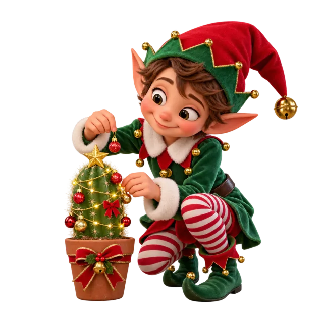 Elf decorating a small potted cactus with festive ornaments