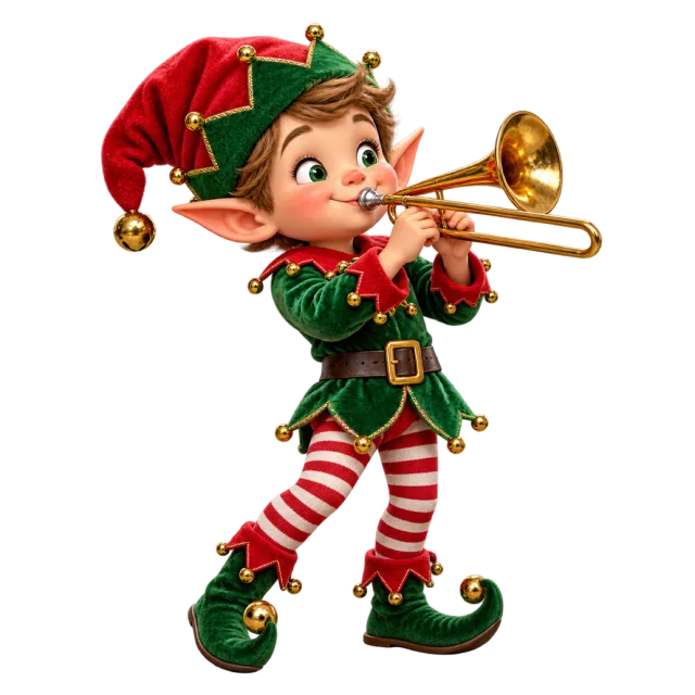 Elf playing a small golden trombone