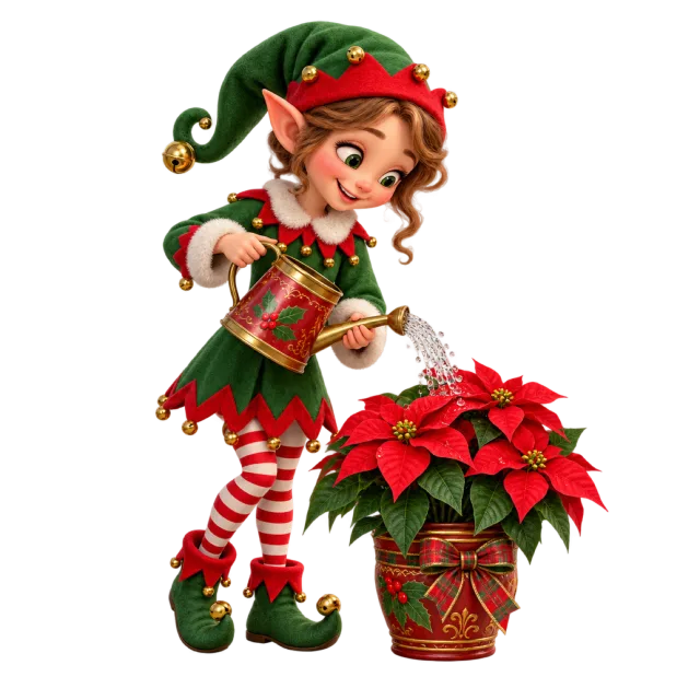 Elf watering a red poinsettia in a decorated pot