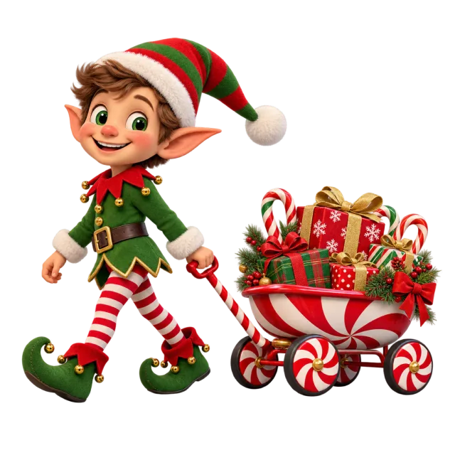 Elf pulling a peppermint-striped wagon filled with gifts