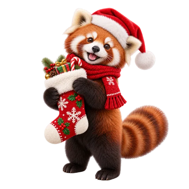 Red panda in a Santa hat holding a filled Christmas stocking