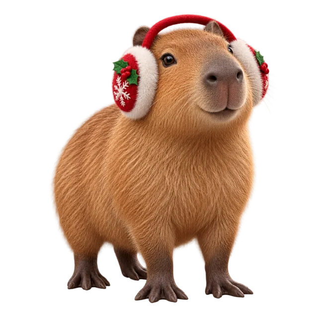 Capybara wearing red and cream patterned earmuffs