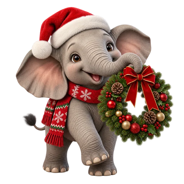 Baby elephant in a Santa hat carrying a decorated wreath
