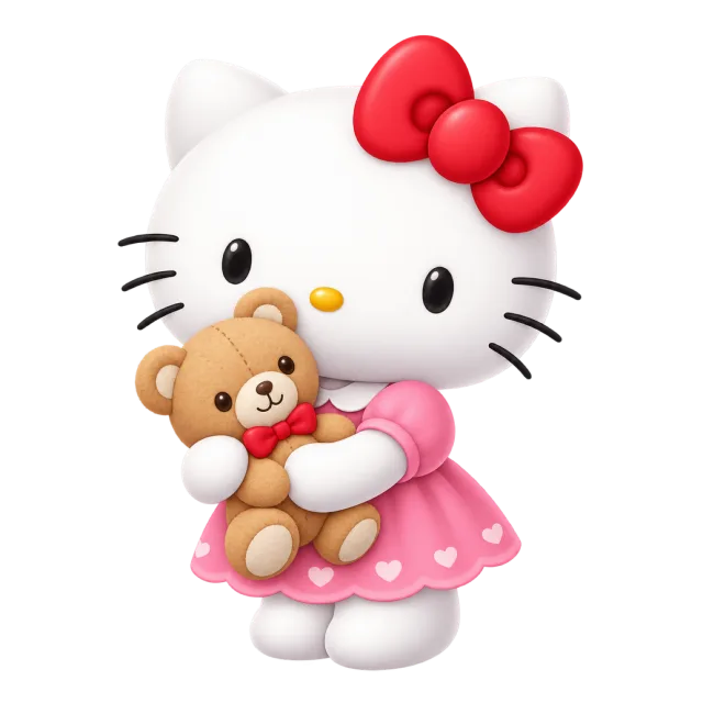 Hello Kitty in a pink dress holding a small brown teddy bear