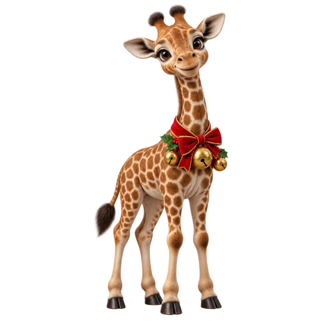 Giraffe wearing a red bow and small golden bells