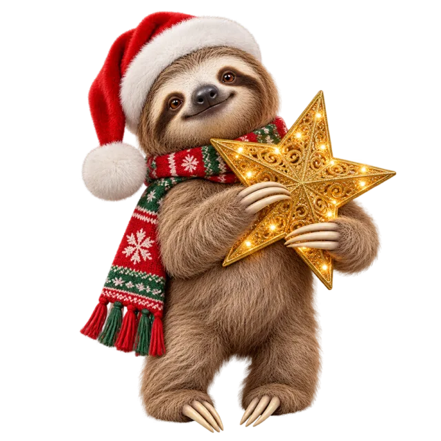 Sloth in a Santa hat hugging a golden star