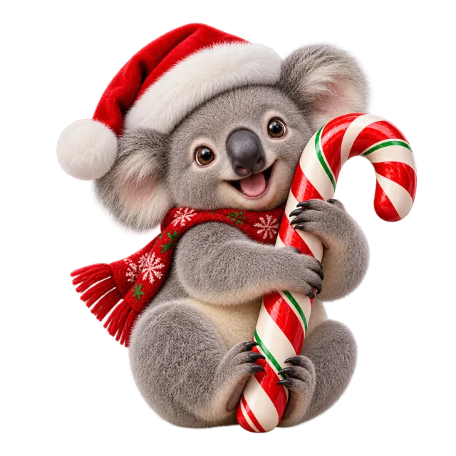 Koala in a Santa hat holding a striped candy cane
