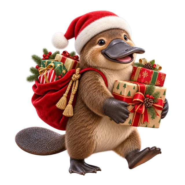 Platypus carrying wrapped presents and a red gift sack