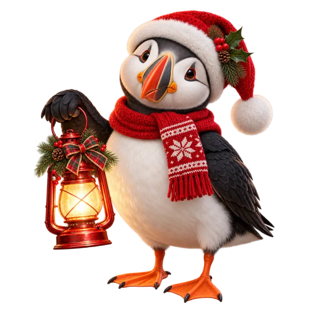 Puffin in a red scarf holding a glowing lantern