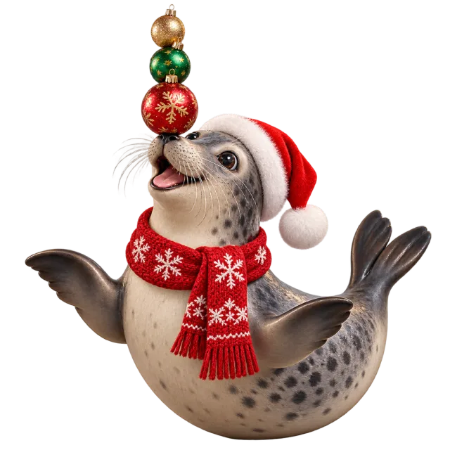 Seal in a Santa hat balancing colorful baubles on its nose