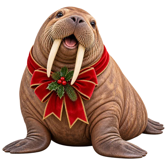 Walrus wearing a large red ribbon with holly