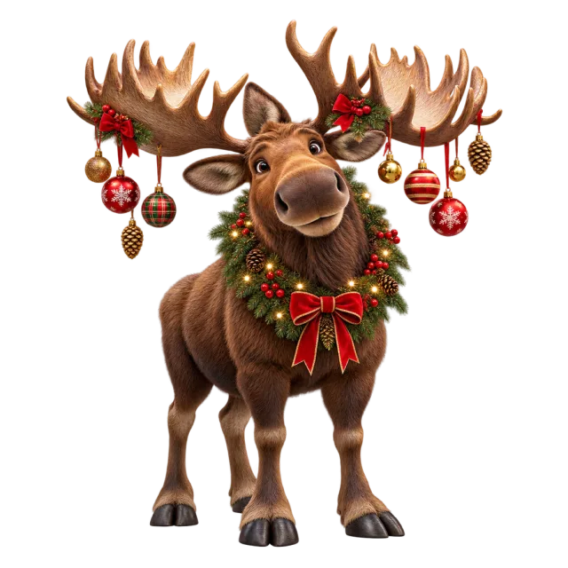 Moose with ornaments hanging from its antlers and a festive collar
