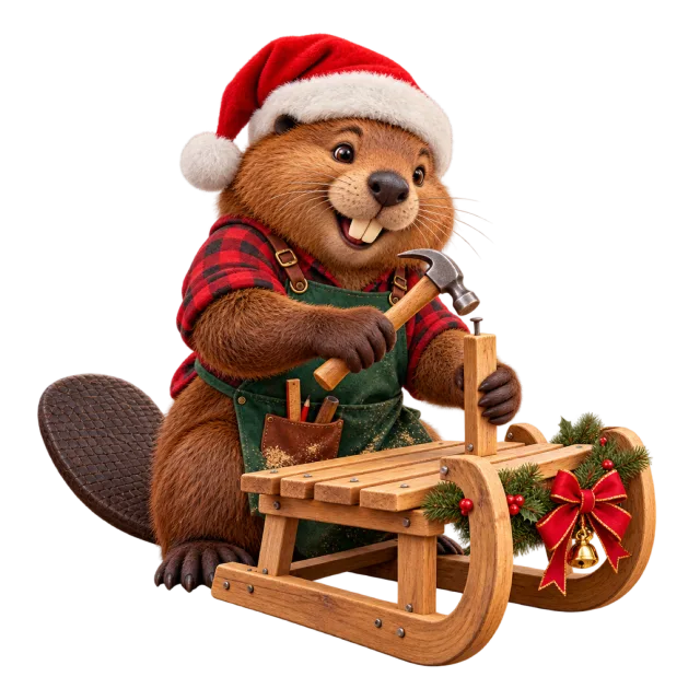 Beaver working on a wooden toy sled
