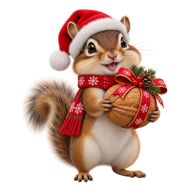 Chipmunk holding a ribbon-wrapped walnut gift