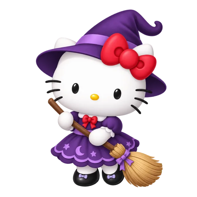Hello Kitty wearing a purple witch hat and dress while holding a broom
