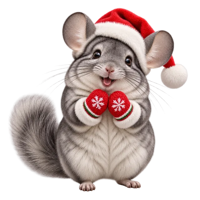 Chinchilla in a Santa hat wearing red patterned mittens