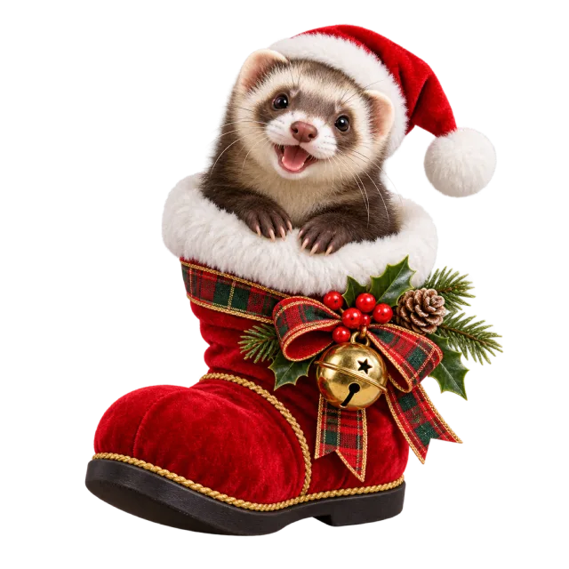 Ferret peeking from a red boot decorated with greenery and bells